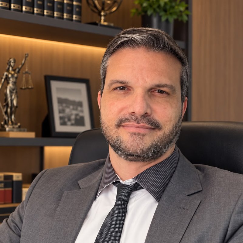 Advogado Rodrigo Barcellos Poubel, de terno cinza e gravata, em seu escritório